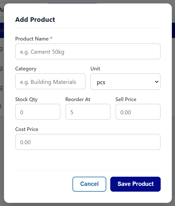Add Product form