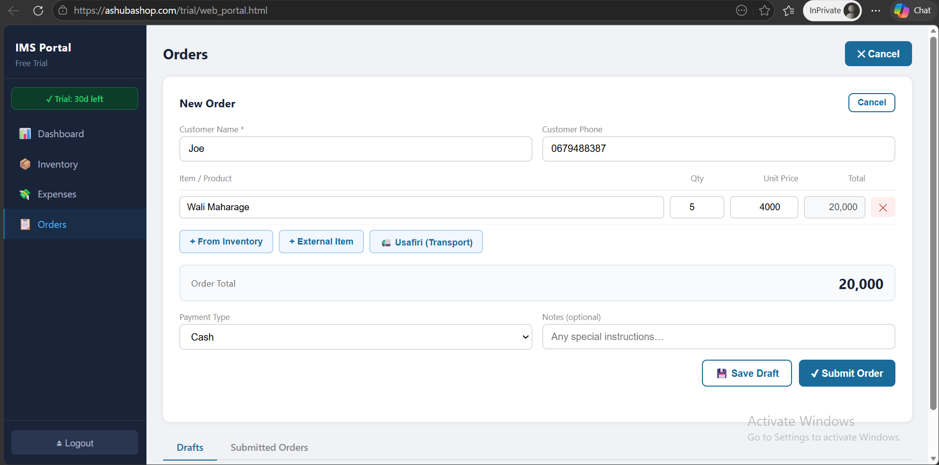 New Order form with customer details and item line