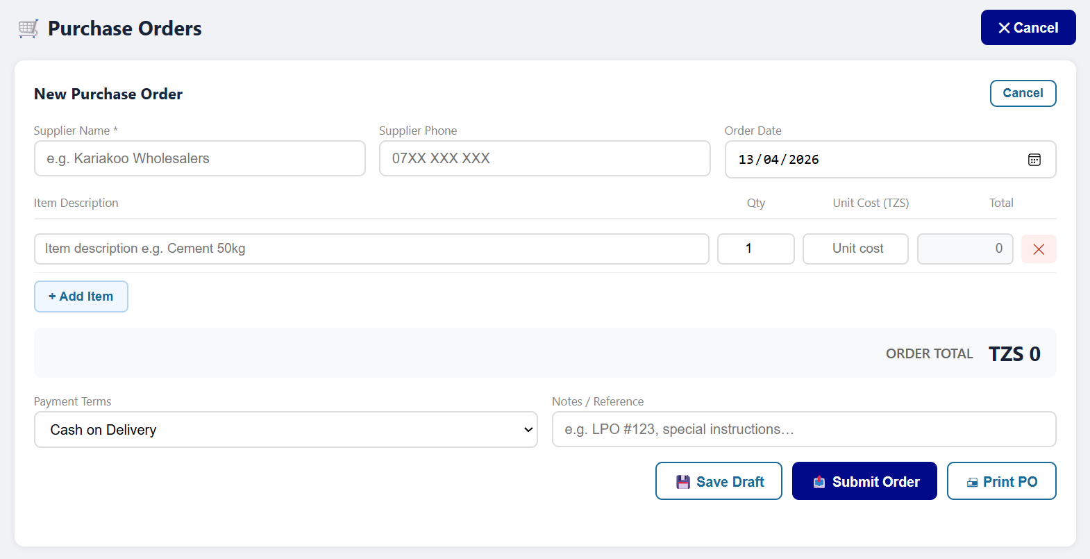 New Purchase Order form
