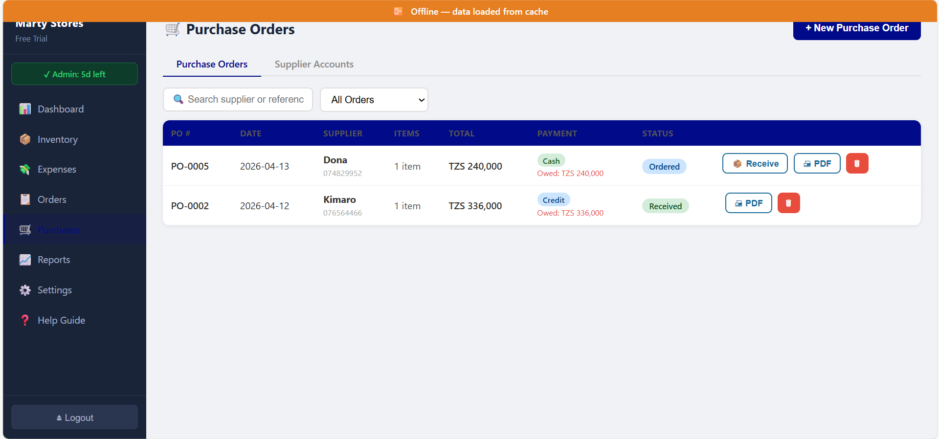 Offline mode — data loaded from cache banner