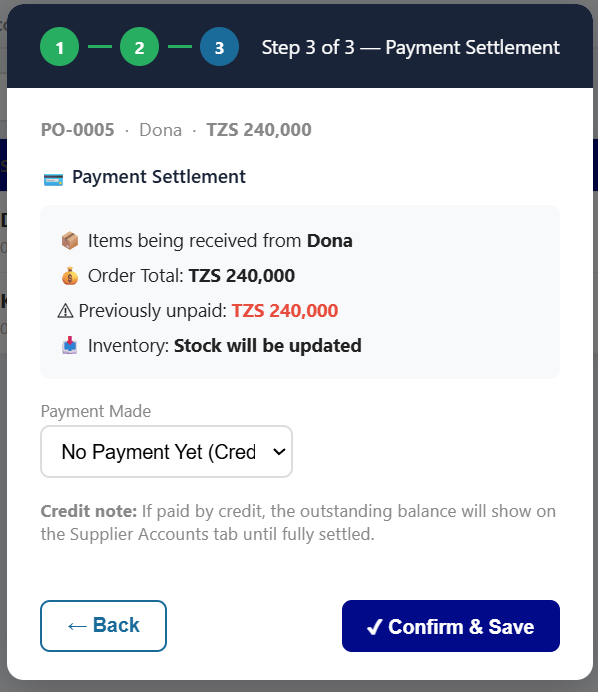 PO receiving Step 3 — Payment Settlement