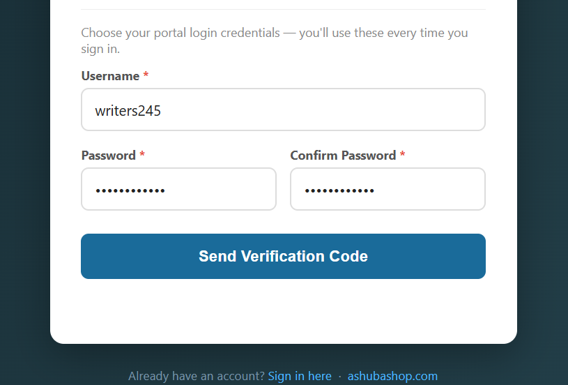 Registration form — choose login credentials