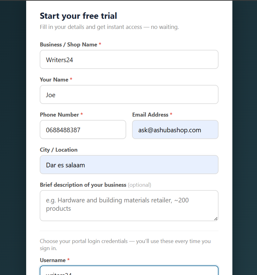 Registration form — business details
