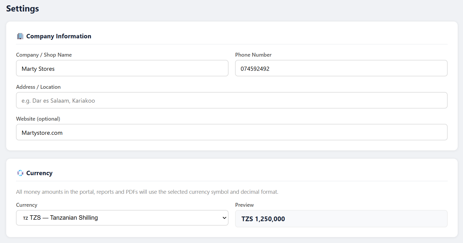 Settings — Company Information and Currency