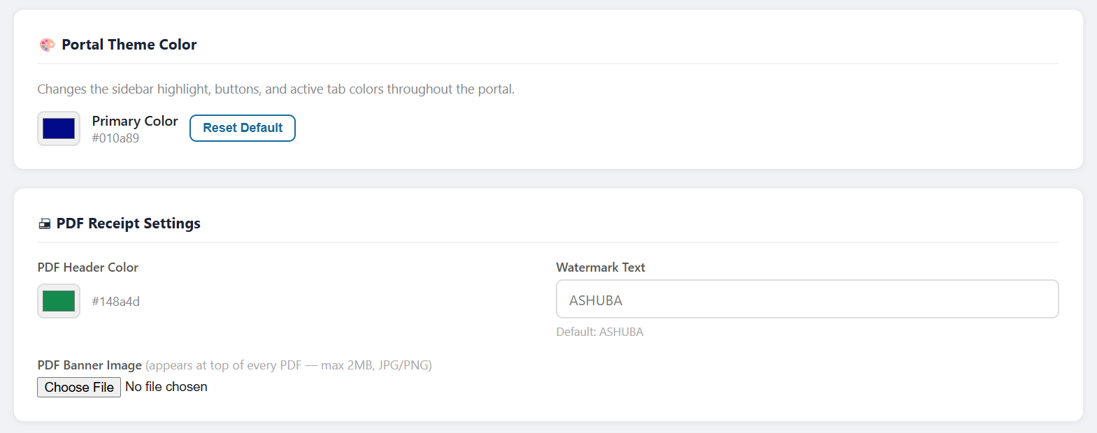 Settings — Portal Theme and PDF Receipt settings